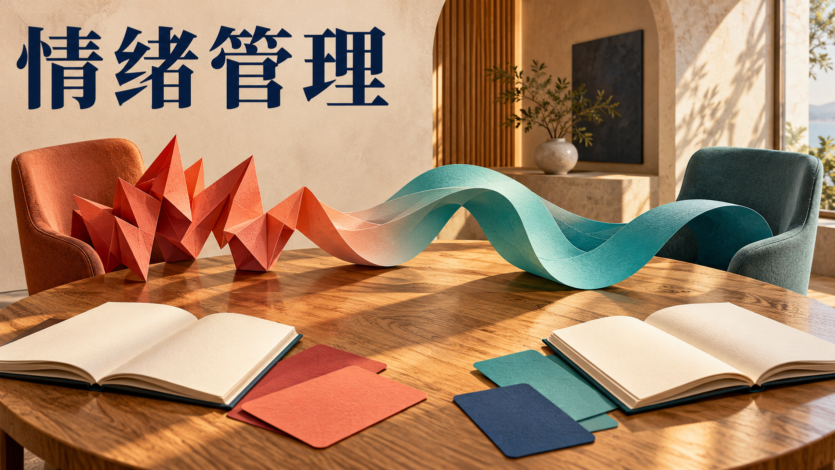 对话练习桌上尖锐红色折纸过渡到舒缓青色曲面，表现情绪管理训练。