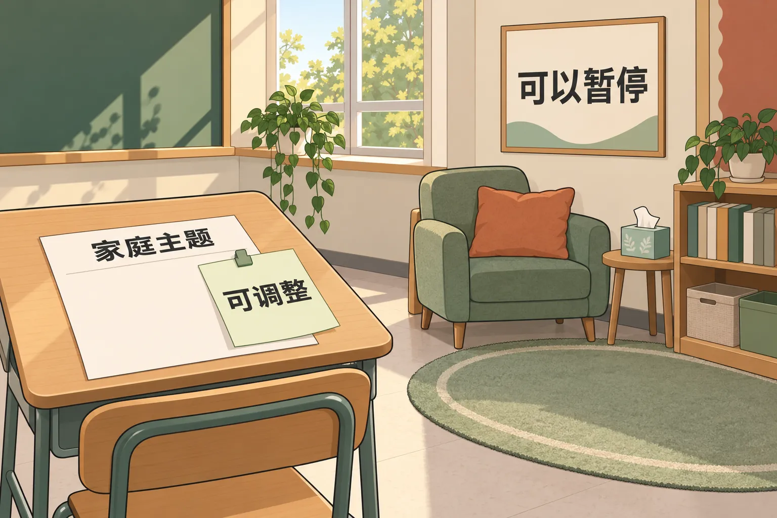 空教室一角，家庭主题作业附有可调整的便条，安静座椅旁标示可以暂停。