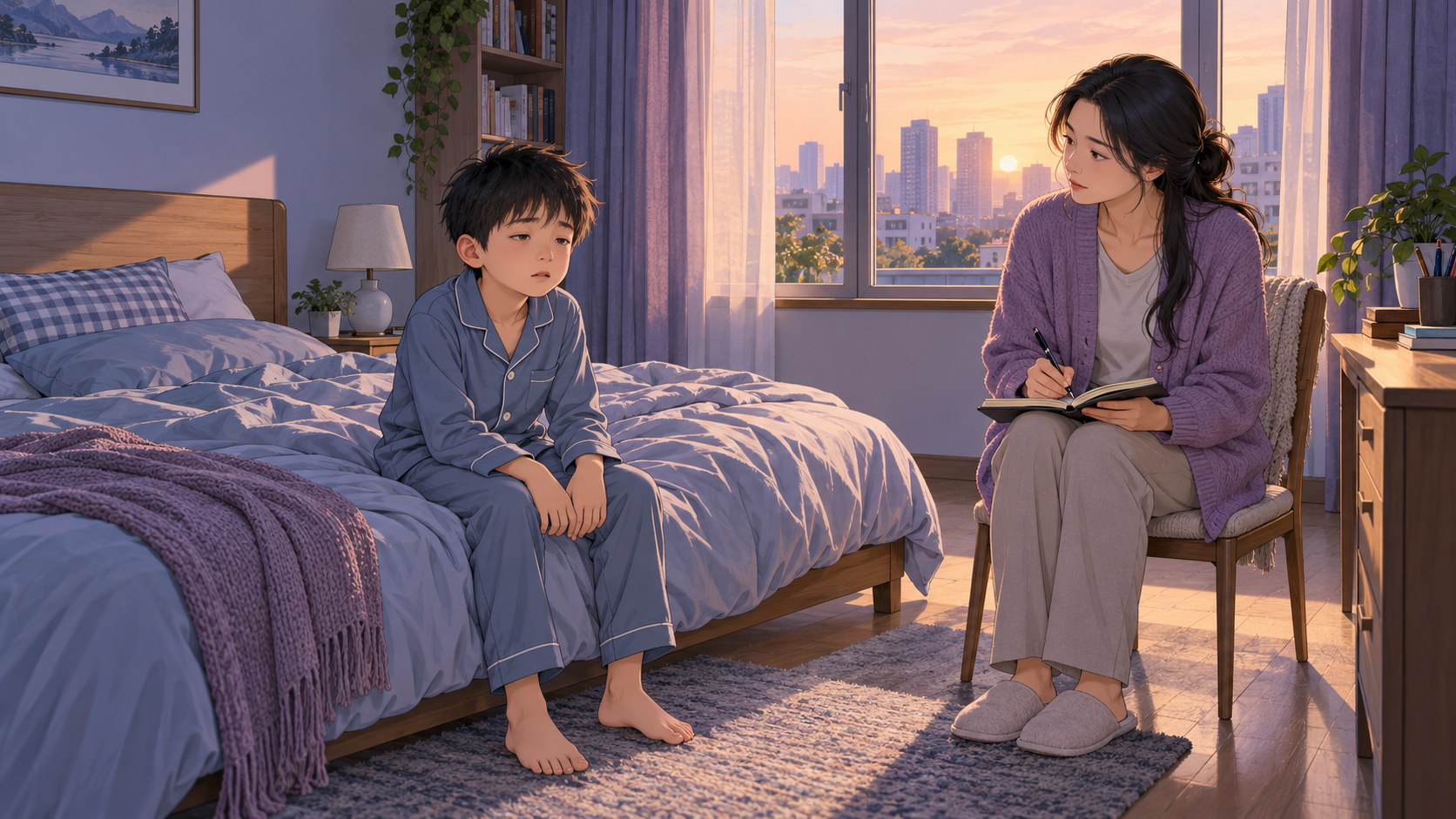 家长在清晨记录孩子的睡眠与精神状态