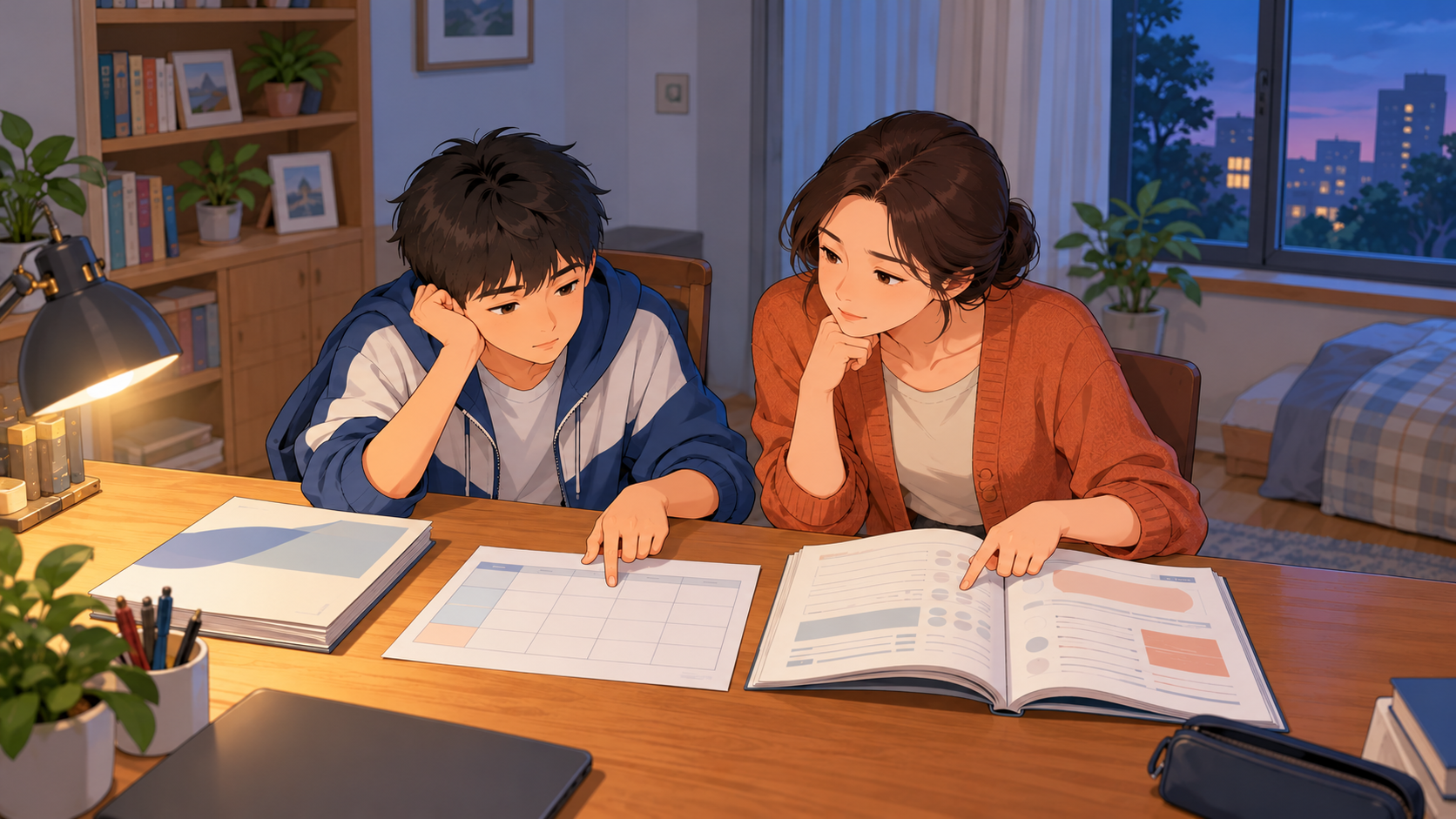 家长和初中生共同查看学习安排与投入
