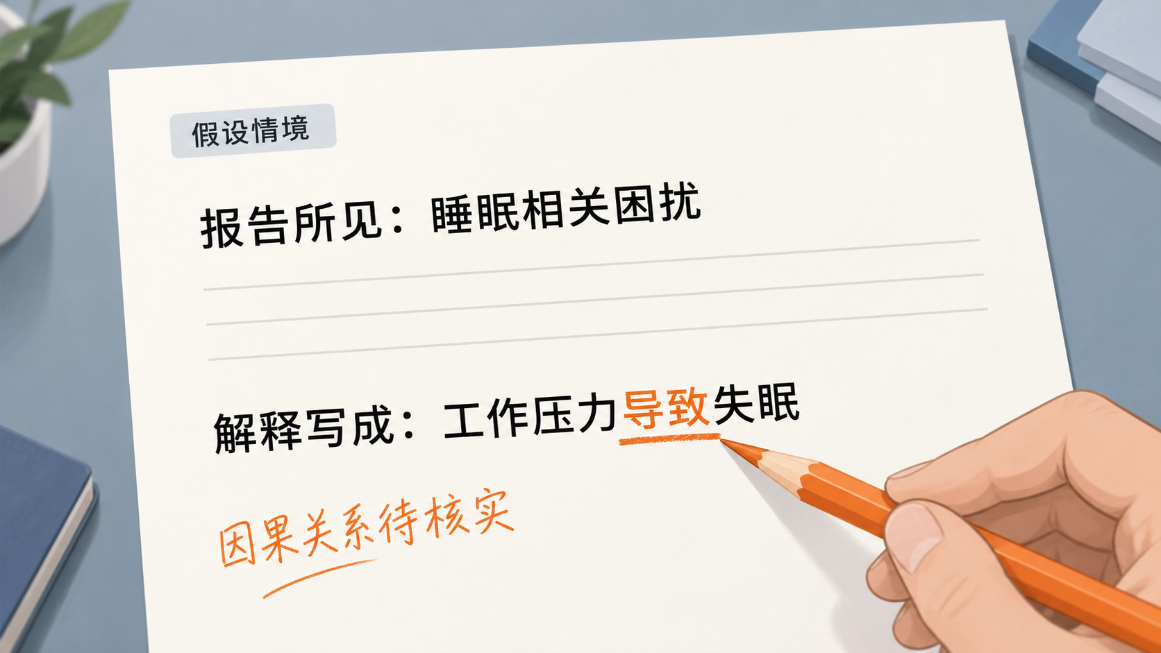 假设报告批注：睡眠相关困扰与工作压力导致失眠分开呈现，“导致”被划线，旁注因果关系待核实