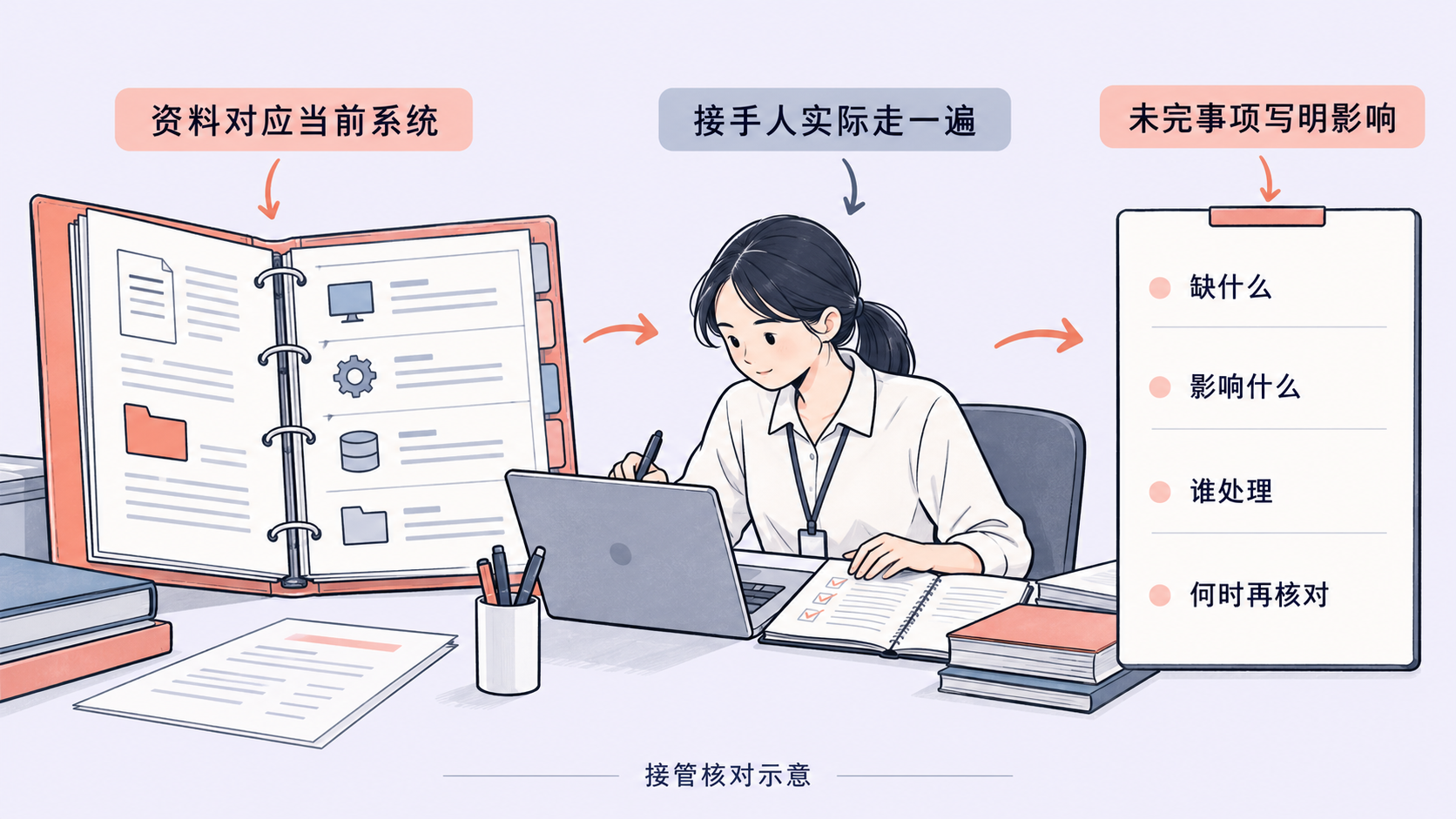 图1 接管核对示意：资料与当前系统对应，接手人实际使用，未完成事项记录影响和处理安排。