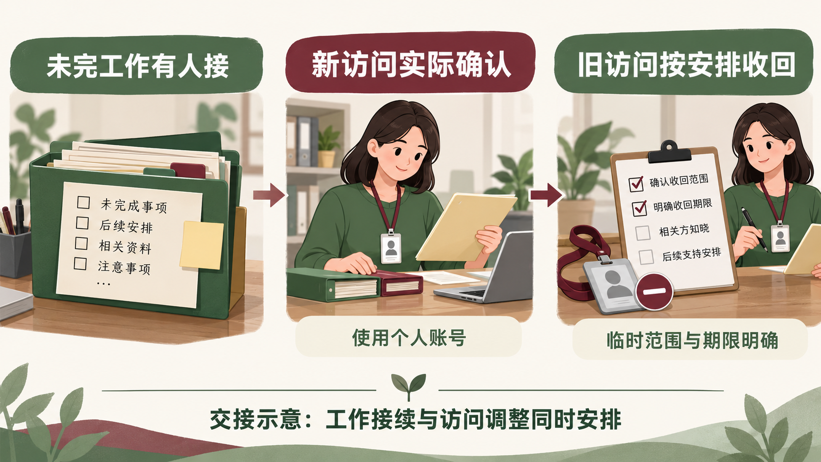 图1 交接核对示意:未完工作接续、新同事个人账号与必要访问、旧访问的范围和期限分别确认。