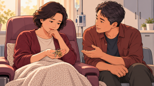 接受照护的成年人看着掌中的家门钥匙，身旁亲人倾听，表现疾病后家庭角色与生活意义的讨论。