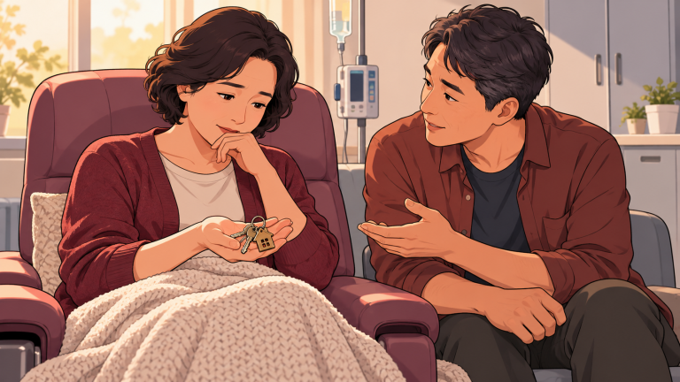 接受照护的成年人看着掌中的家门钥匙，身旁亲人倾听，表现疾病后家庭角色与生活意义的讨论。