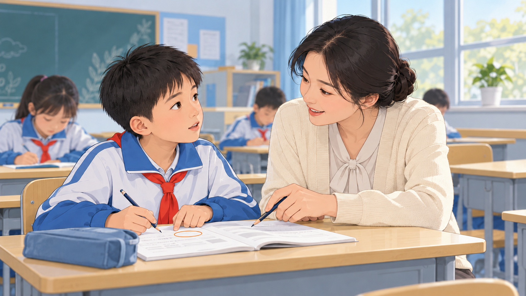 小学老师在课堂巡视时回应学生在练习本上标出的疑问