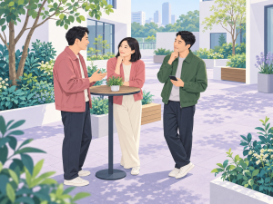 三位成年人在城市庭院的小桌旁交谈