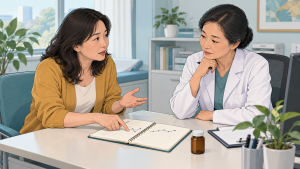 来访者带着记录与医生讨论用药后的体验变化