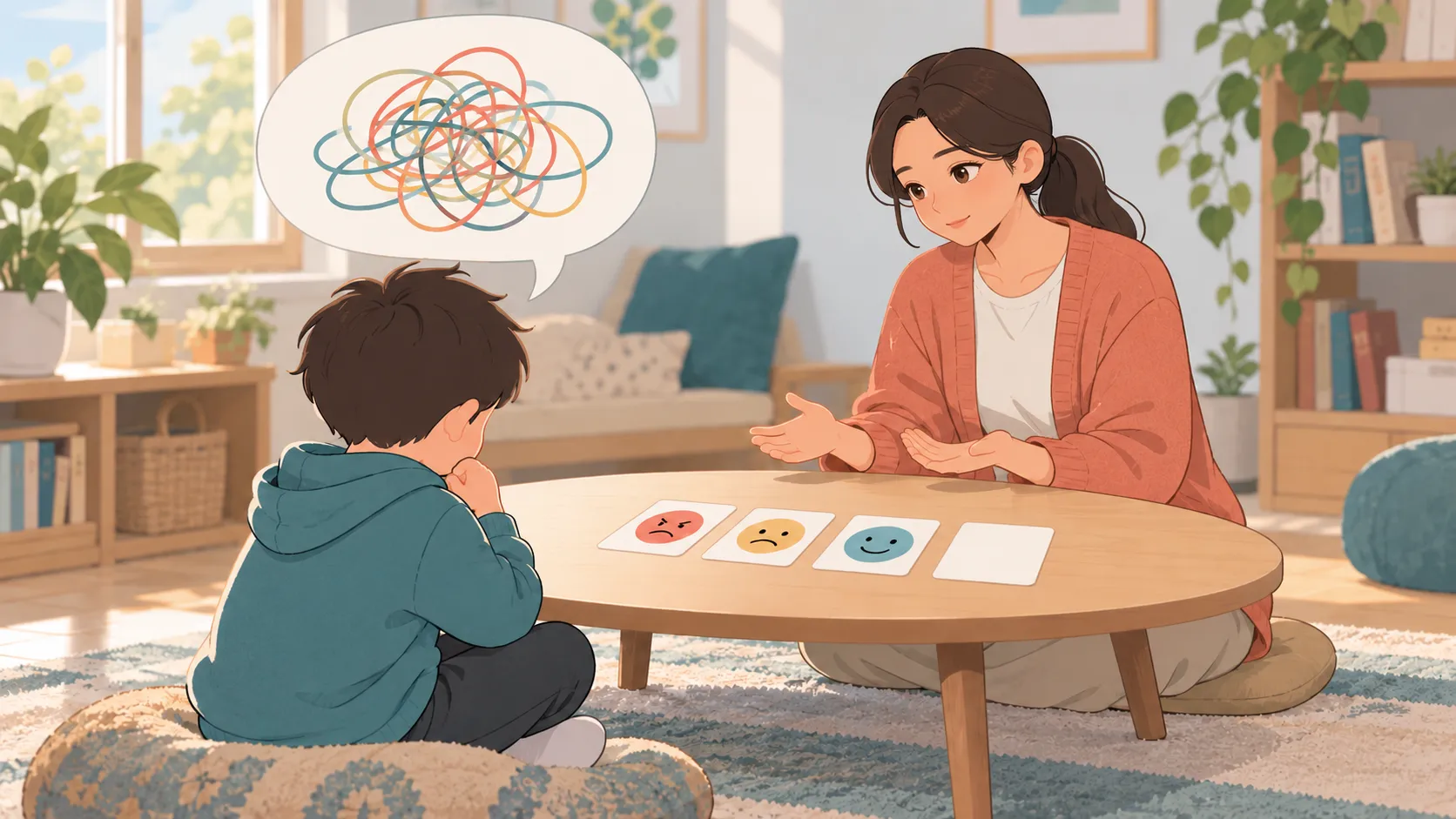 孩子面对情绪卡片思考,咨询师耐心倾听;孩子的对话气泡里是尚未理清的线条。