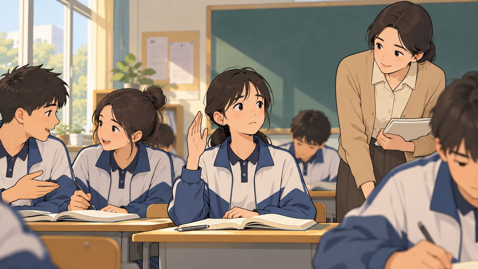 学生犹豫举手而老师温和关注