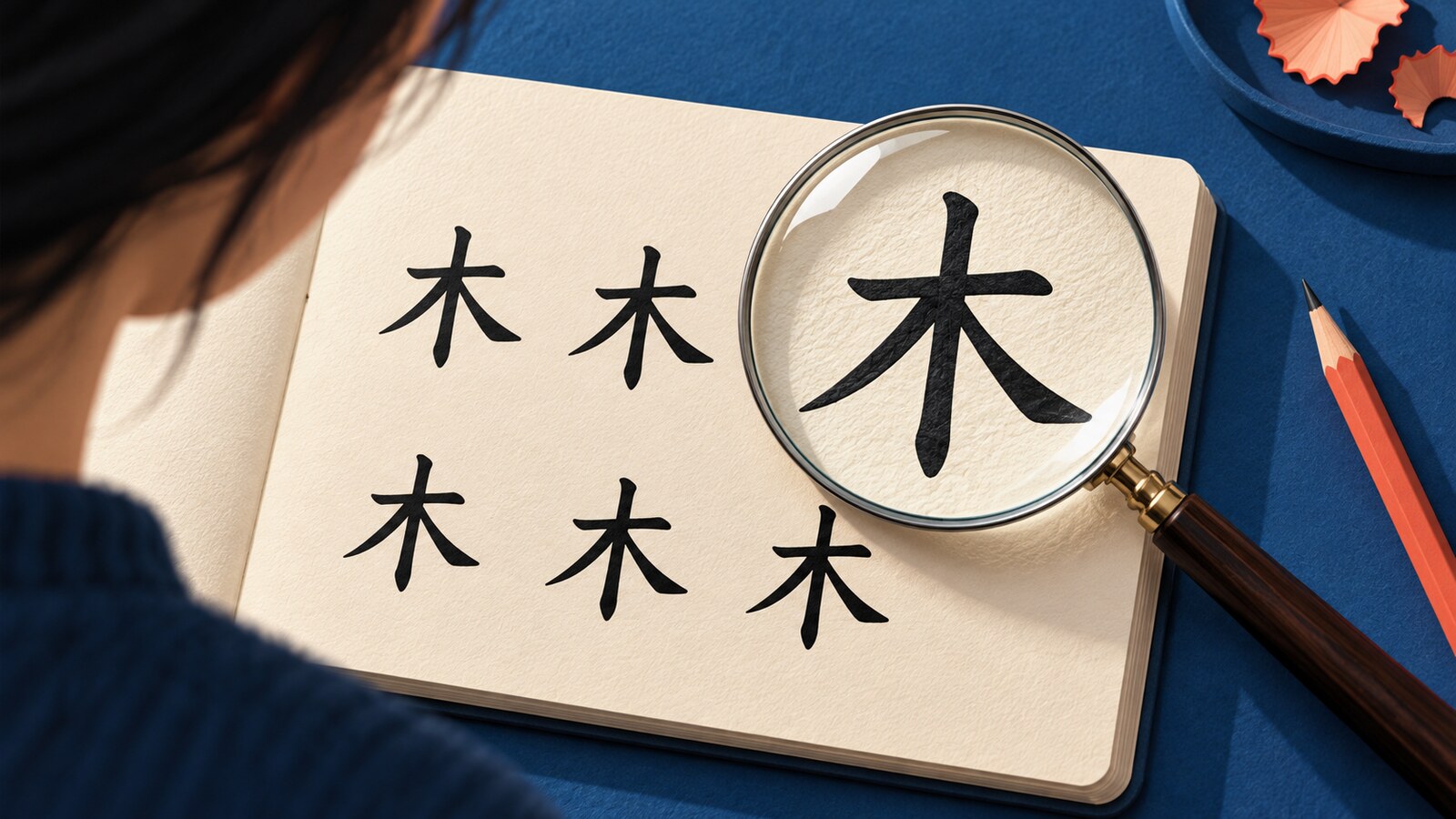 笔记本上重复书写的六个木字，放大镜突出其中一个字的笔画