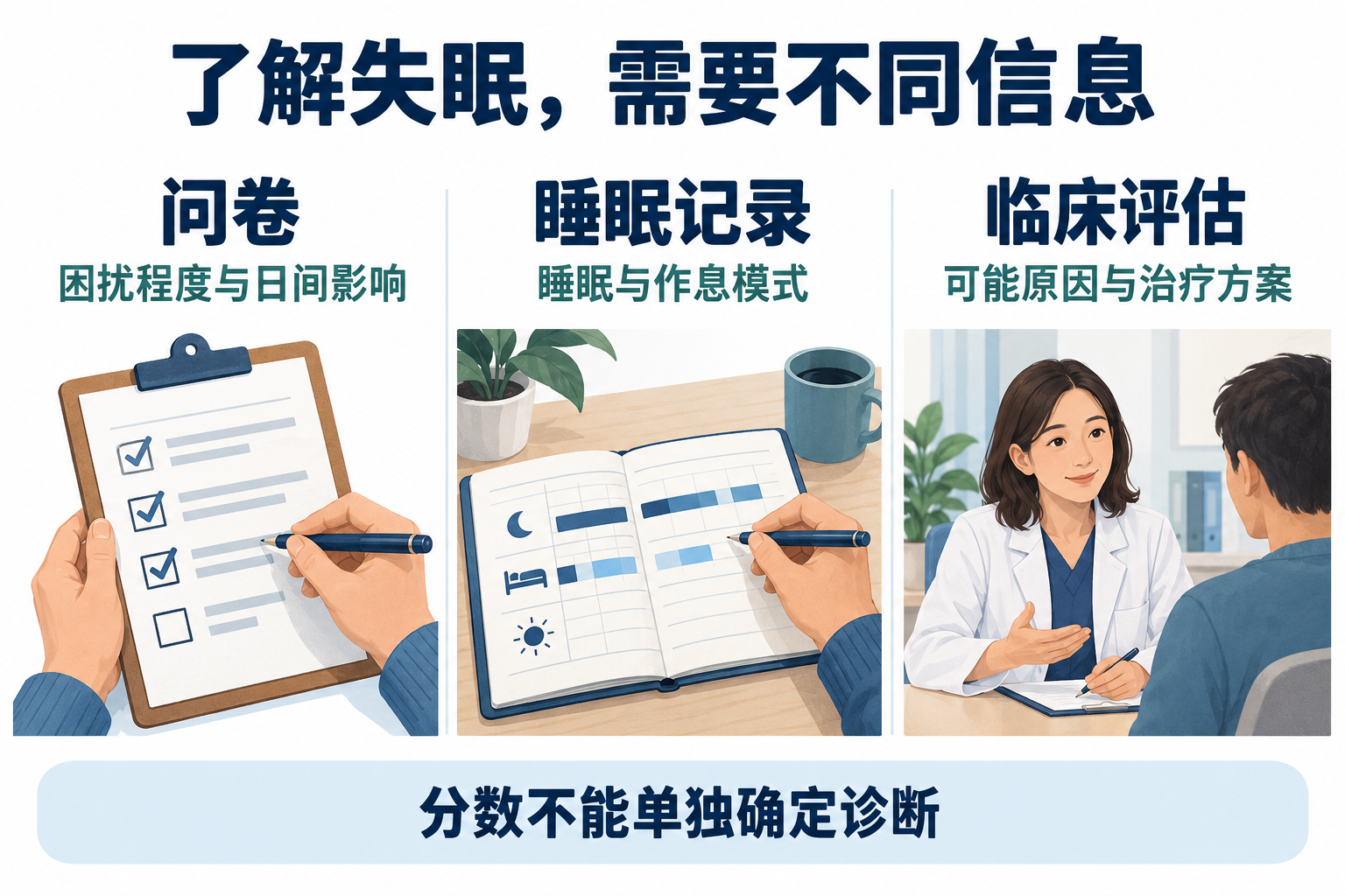 问卷、睡眠记录与临床评估提供不同信息，分数不能单独确定诊断。