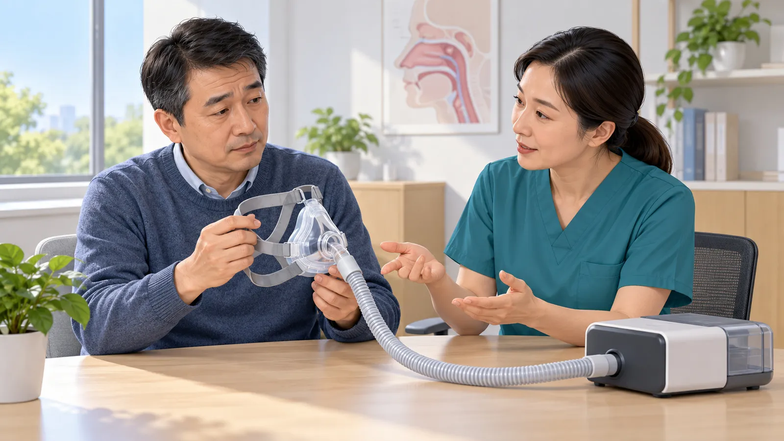 患者持着连接设备的CPAP面罩，医务人员共同讨论不适；不是硬撑佩戴或睡眠效果图。