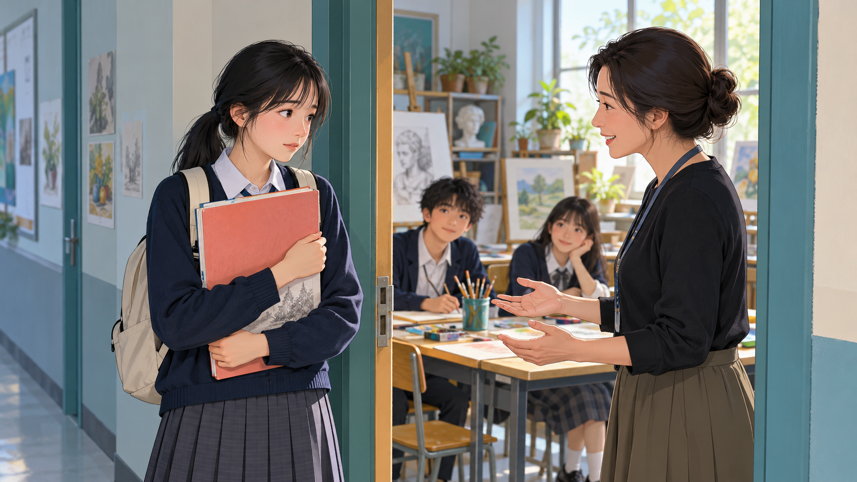 学生与教师讨论参加作品分享的具体困难