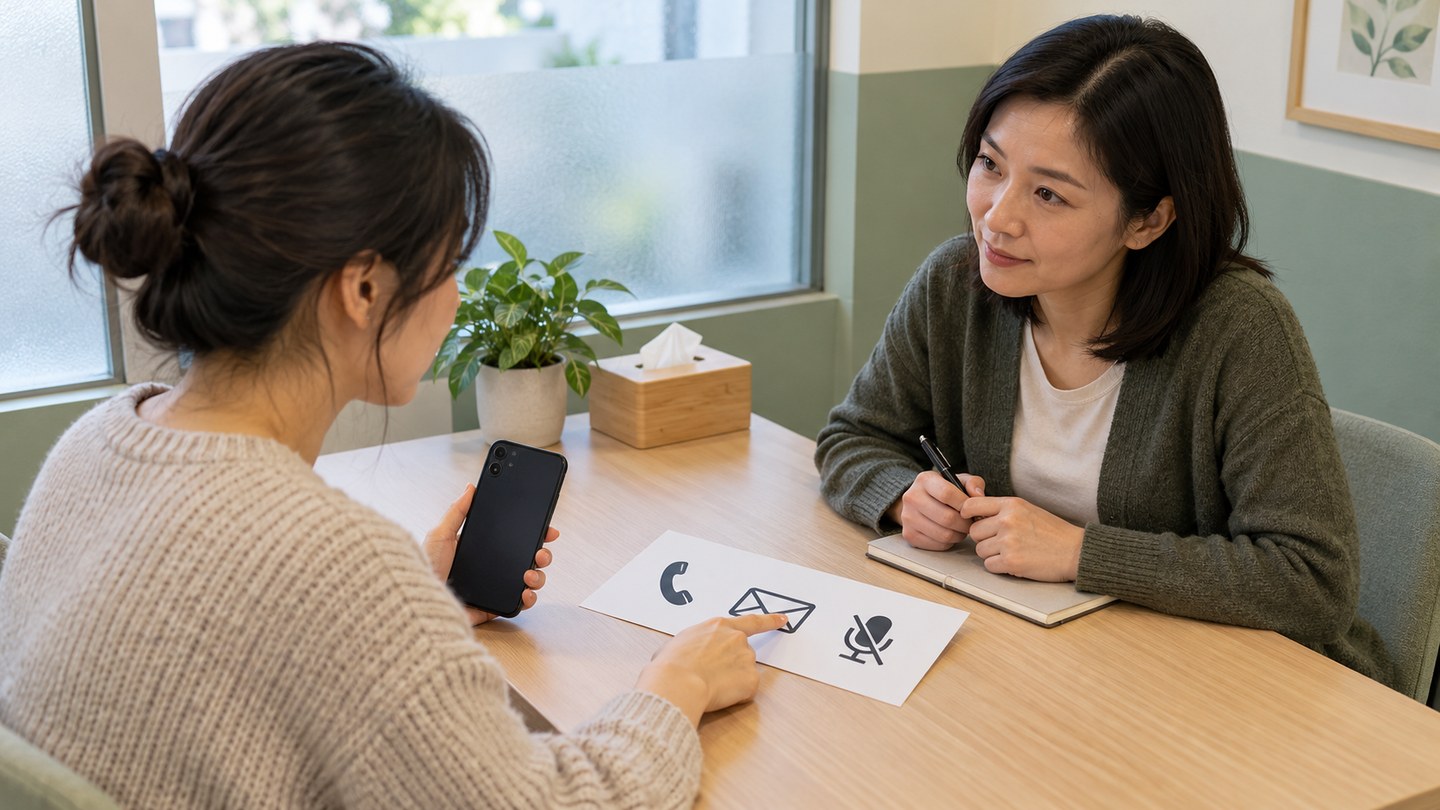 成年女性在私密接待中自主核对安全联系方式的AI场景示意
