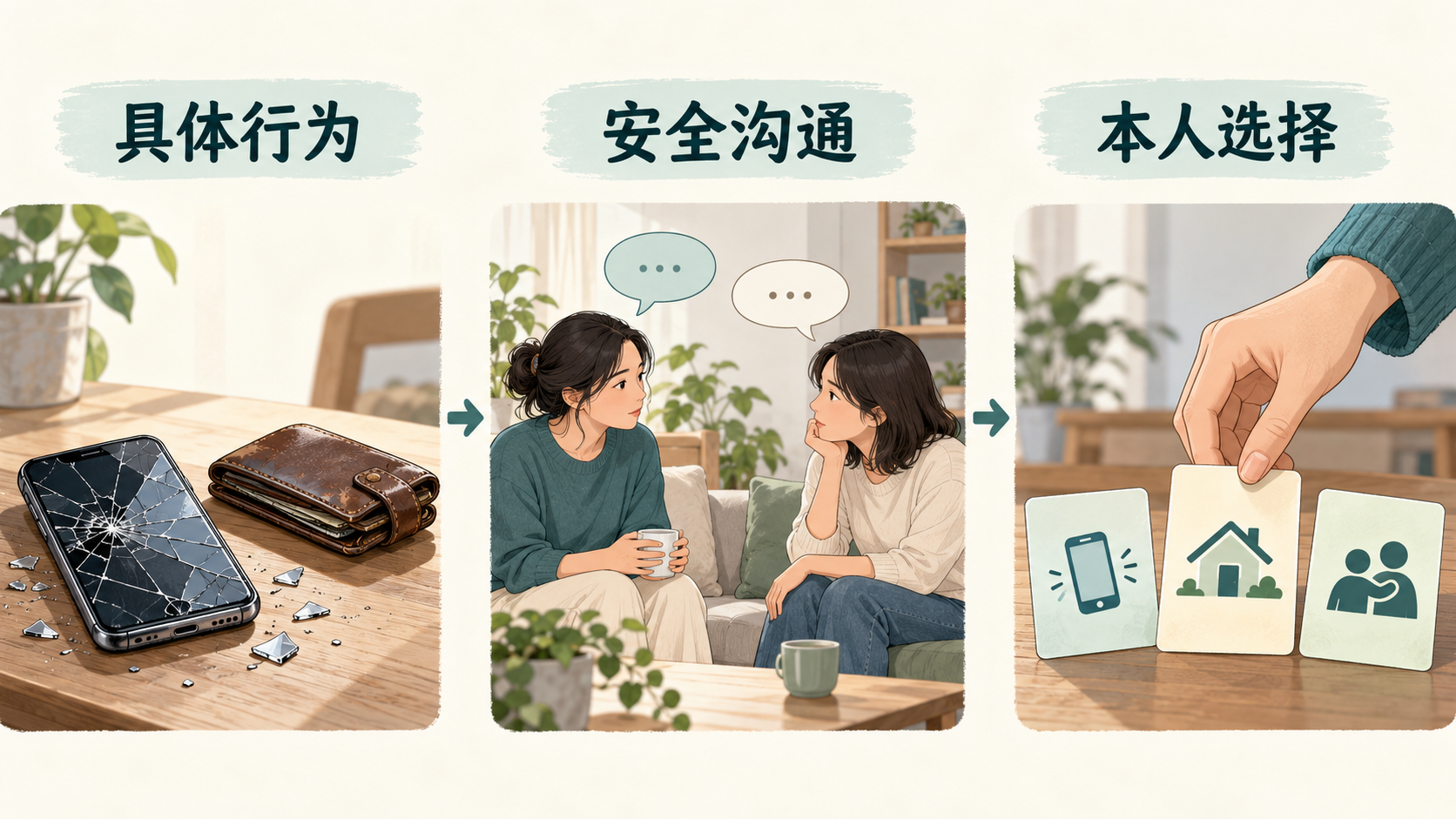 从具体行为转向安全沟通,再讨论本人选择的帮助。