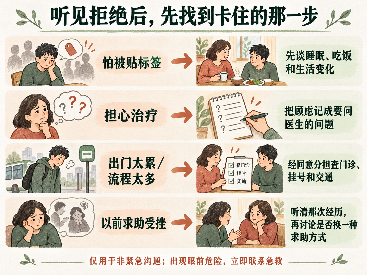 非紧急情形下,家属按被贴标签、治疗担忧、实际困难、过去求助经历等顾虑,商量相应的小步骤;出现眼前危险应联系急救。