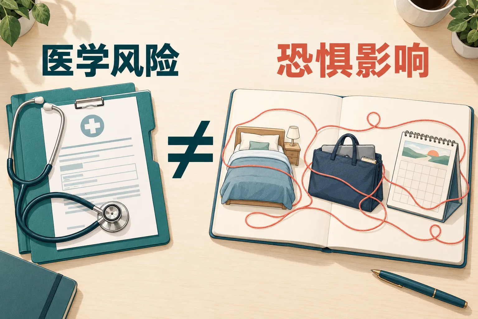 医学风险与恐惧影响并不相同：一侧是医学文件，另一侧是睡眠、工作和未来安排。