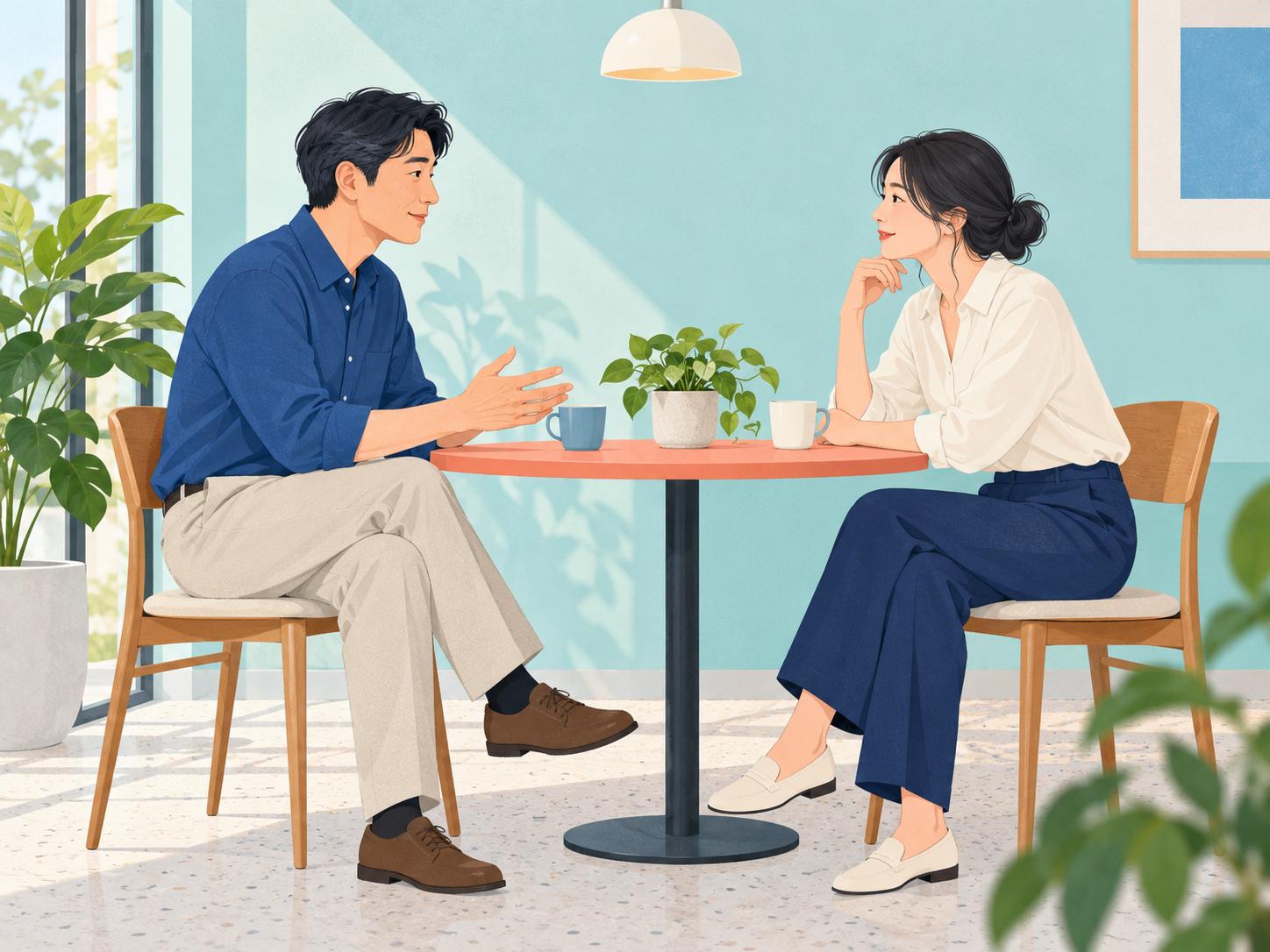 两位成年人坐在咖啡桌两侧平等交谈