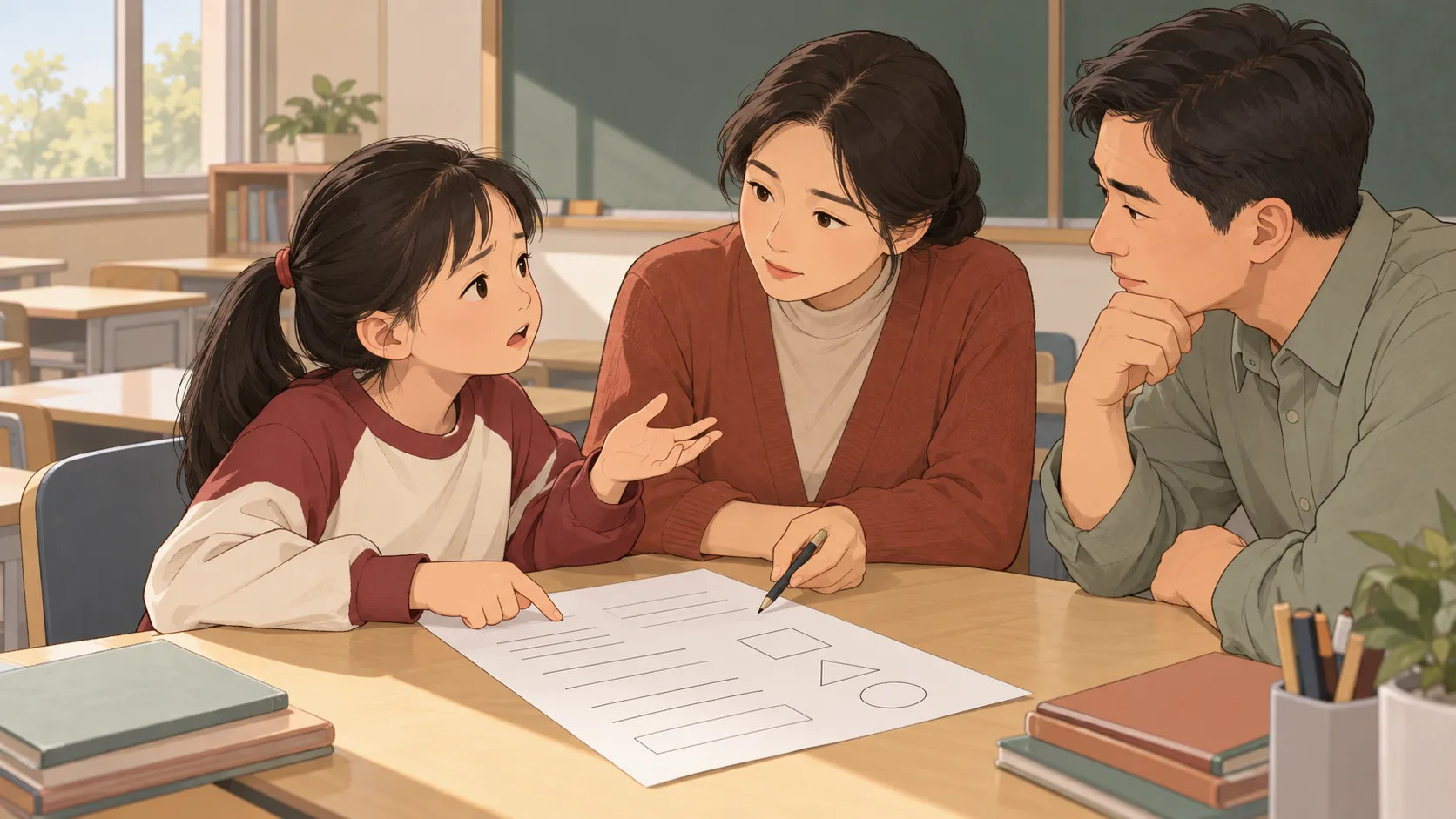 老师和家长听孩子说明学习任务中的具体担心