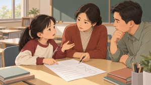 老师和家长听孩子说明学习任务中的具体担心