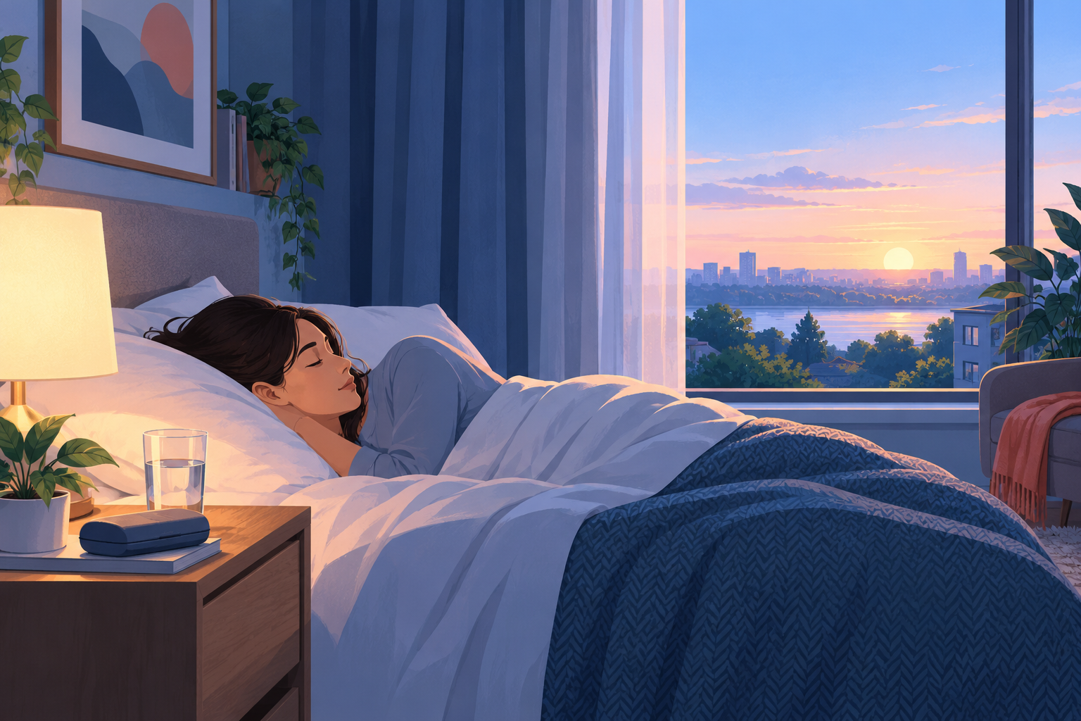 夜间到清晨的休息场景,表现睡眠与日间状态主题
