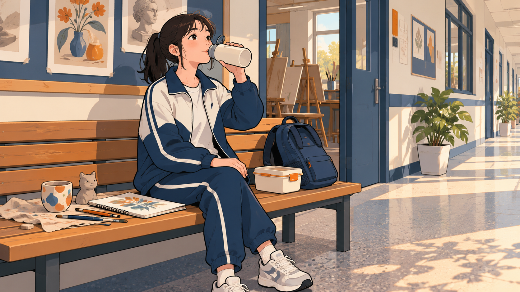 女生在美术教室外的长椅上喝水休息