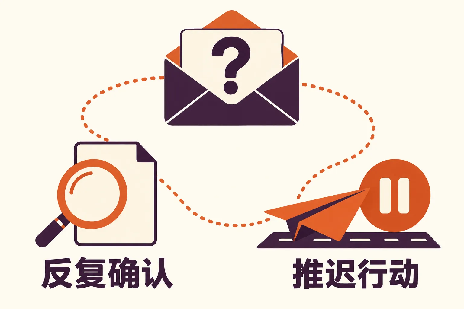 问号信封与放大镜、暂缓起飞的纸飞机通过虚线相连，分别标注反复确认和推迟行动。