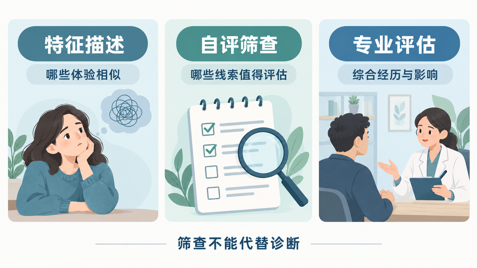 特征描述、自评筛查与专业评估回答不同问题，筛查不能替代诊断。