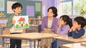 小学课堂中孩子展示自己的画作，老师和同伴耐心听他表达
