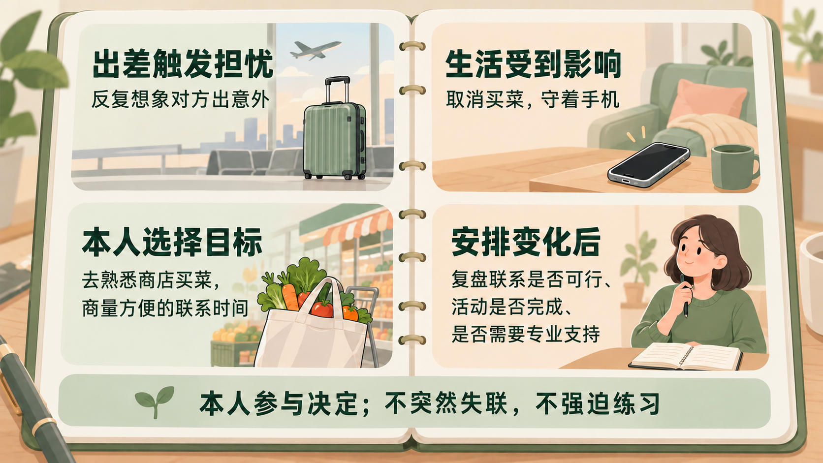 伴侣出差引发担忧的假设例子：从取消买菜，到本人选择恢复活动、协商联系并回顾困难